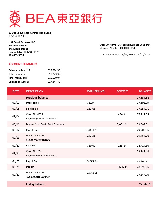 Modèle Word et PDF de relevé de compte d'entreprise de la Banque d'Asie de l'Est